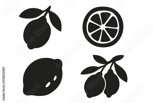 Various simple lemon and citrus fruit designs with leaves in black silhouette against a white background