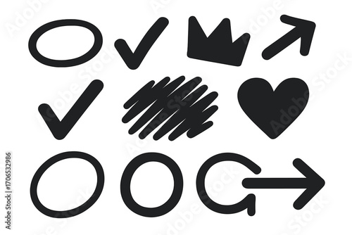 Black shapes and symbols arranged creatively with diverse geometric designs on a white background