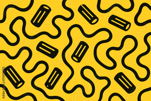 Abstract yellow background with black wavy lines and geometric shapes creating a lively pattern