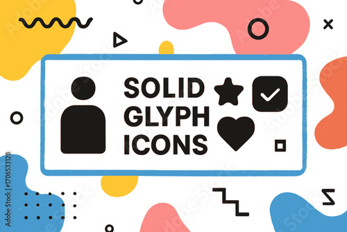 Unique graphic illustration featuring solid glyph icons on a colorful abstract background with geometric shapes and design elements