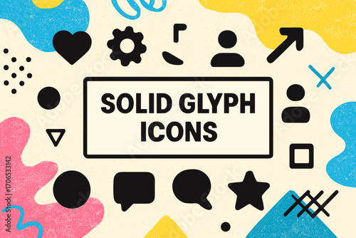 Solid glyph icons in various shapes and styles on a colorful background depicting creativity and digital design