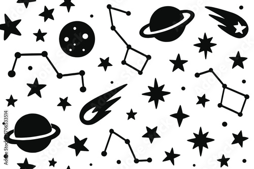 Black and white cosmic pattern featuring planets, stars, and constellations in a whimsical design
