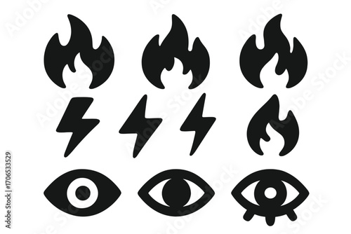 Unique collection of black symbols depicting flames, lightning bolts, and eyes arranged in a creative pattern for design use