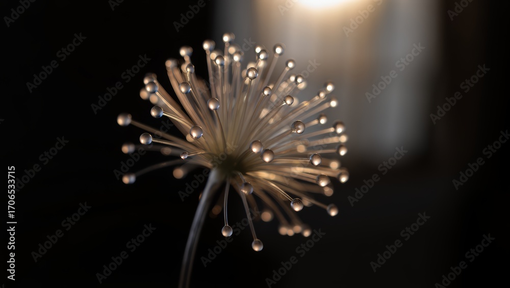 Obraz premium Macro photograph of a delicate dried allium flower with dew drops on each filament, backlit by warm light against a dark background. 