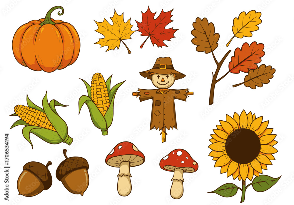 Rustic Fall Elements Illustration Set with Scarecrow and Sunflower