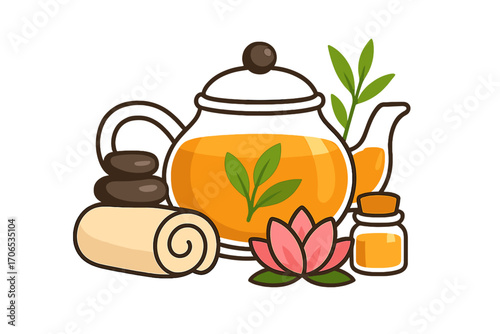 Herbal tea pot and spa set with lotus flower, stones, and essential oils