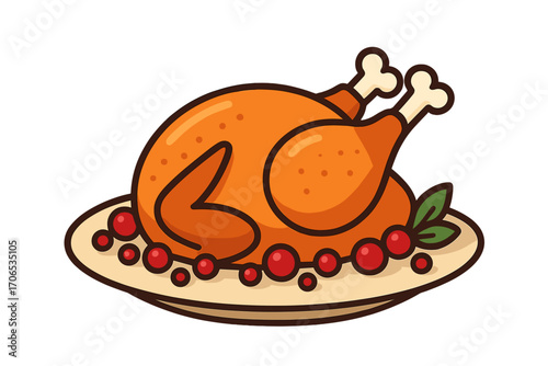 Roasted turkey with cranberry on a plate garnished with cranberries and herbs