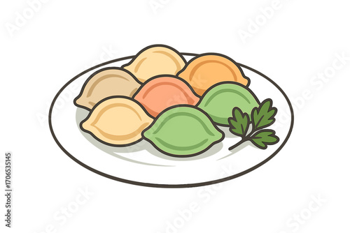 Varied dumplings on a plate with garnish plate of dumplings