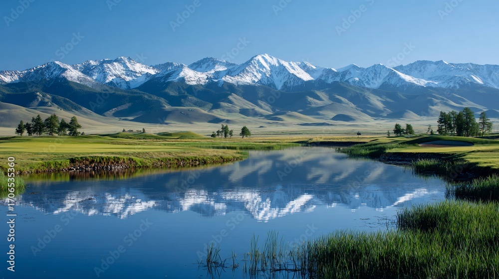 Naklejka premium Snowy peaks reflected in a lake, beside a grassy golf course fairway