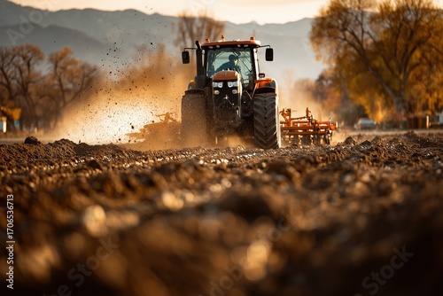Rotary hoe working the topsoil for weed control and improved soil texture on a sunny afternoon