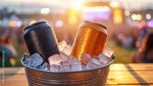 Close-up of cold beverage cans in an ice bucket with a blurred music festival background during a warm sunset.
