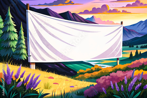 Large white canvas banner in grassy hilltop illustration vector, wilderness landscape, outdoor rustic surface, solitude scenic horizon, dramatic mockup placement, natural background