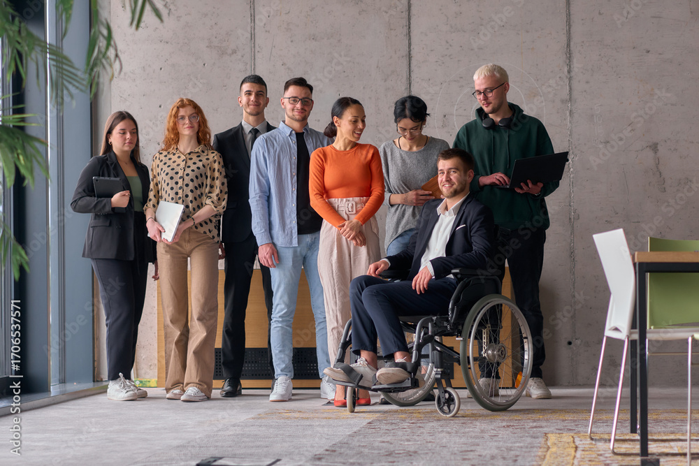 Fototapeta premium Multiethnic Business Team Collaborating in a Modern Office with Director in a Wheelchair