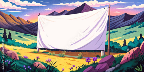 Large white canvas banner in grassy hilltop illustration vector, wilderness landscape, outdoor rustic surface, solitude scenic horizon, dramatic mockup placement, natural background
