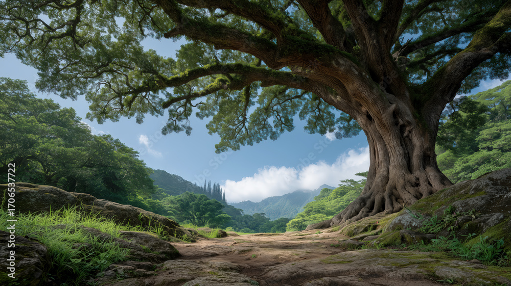Fototapeta premium Majestic oak tree landscape lush green forest nature tranquil