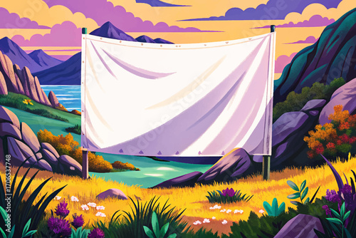 Large white canvas banner in grassy hilltop illustration vector, wilderness landscape, outdoor rustic surface, solitude scenic horizon, dramatic mockup placement, natural background