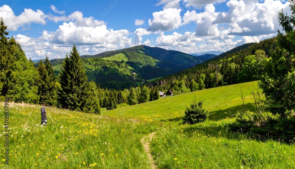 Fototapeta premium Mountain meadow path on a sunny day