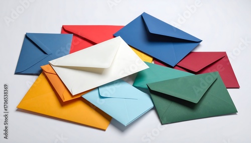 Colorful envelopes clustered on a plain background