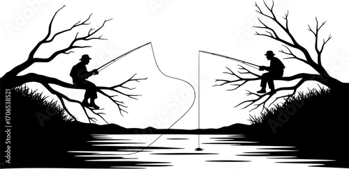 Two fisherman silhouette are sitting on the river branches on the river