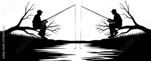 Two fisherman silhouette are sitting on the river branches on the river