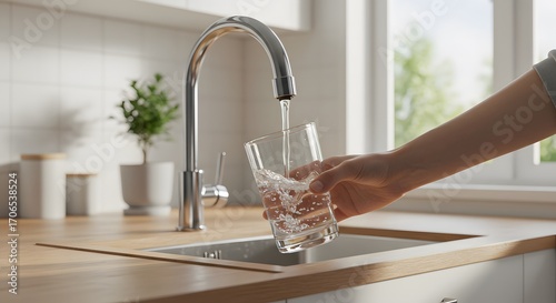 Filling up a glass with drinking water from kitchen tap