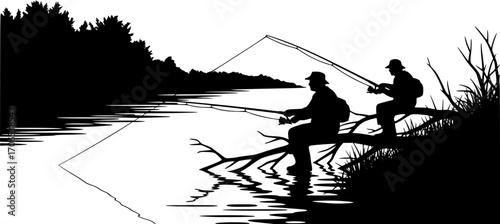Two fisherman silhouette are sitting on the river branches on the river