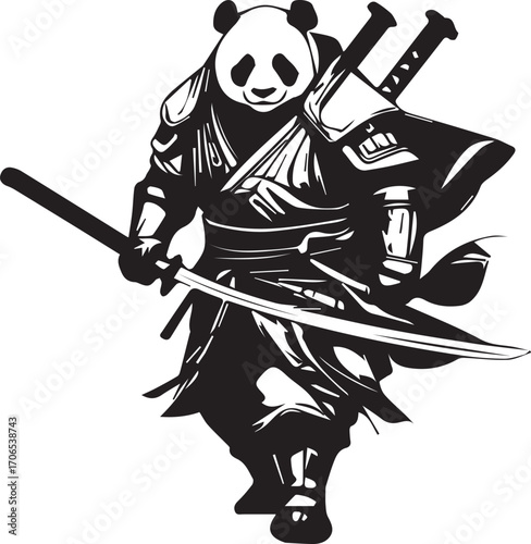 Panda warrior in samurai armor, wielding a sword with fierce stance.