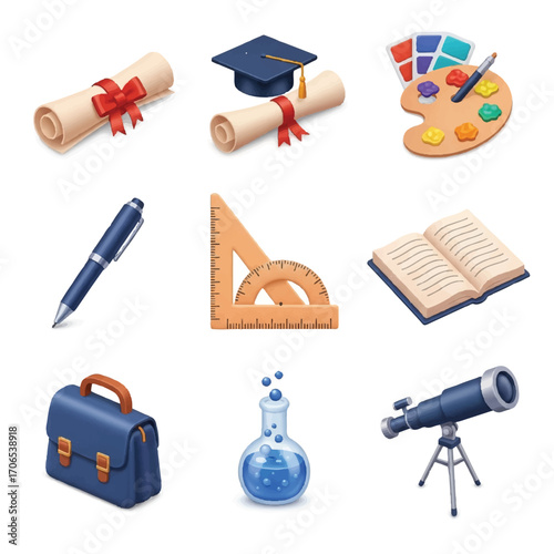 Flat lay of a 3D icon set vector featuring educational and creative tools on a clean white background.