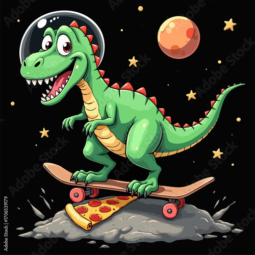 Vector drawing for children, teenager t-shirt. 
Cute green dinosaur in space with pizza, 
star, moon on skateboard 
isolated on black background. Cartoon 
design for fabric, paper, clothing.