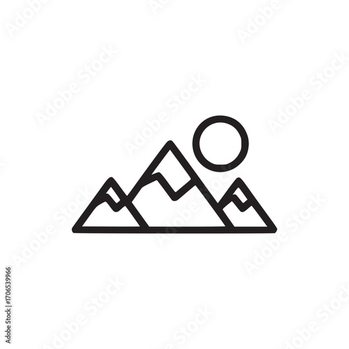 Vector art of mountain range icon, featuring three peaks and a sun, rendered in a minimalist line art style, ideal for representing nature, adventure, travel, or outdoor activities