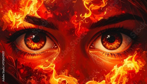 Macro cinematic view of a human eye reflecting fire, captured under dramatic lighting, highlighting intense emotion, fiery gaze, and expressive detail for a powerful and cinematic close-up