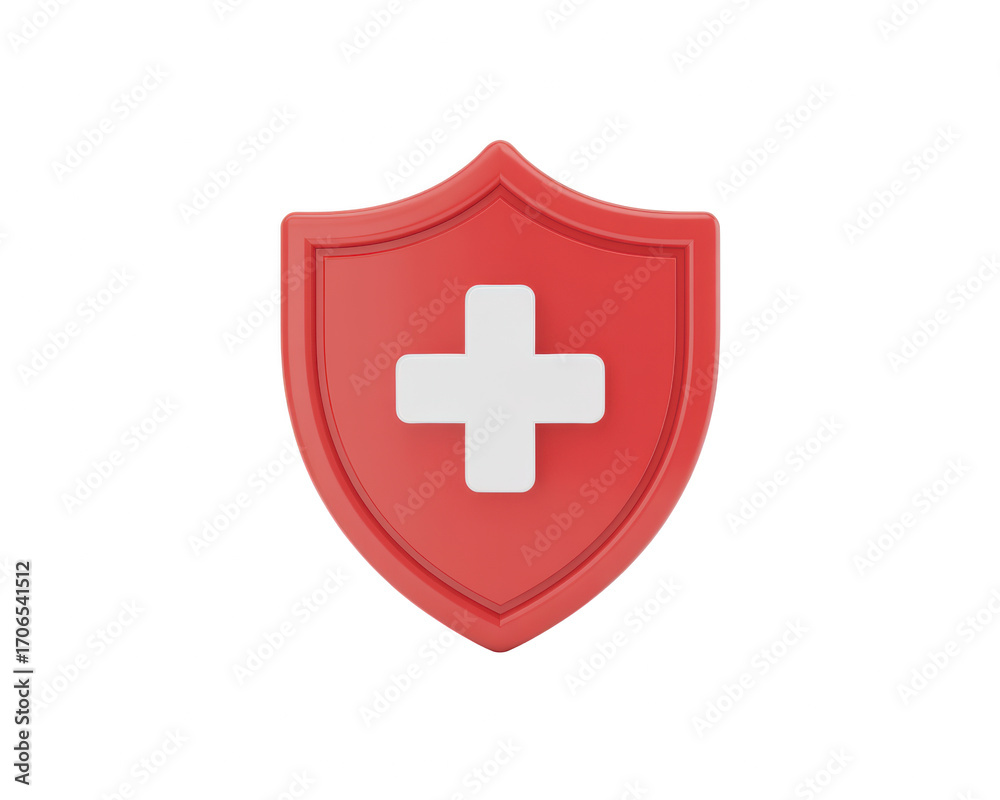 A red shield with a white cross in the center symbolizing health and protection on a black background on transparent background