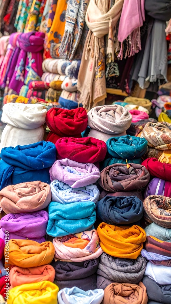 Fototapeta premium Colorful fabric rolls in a market stall