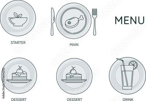 Restaurant menu icons representing starter main course dessert and drink options