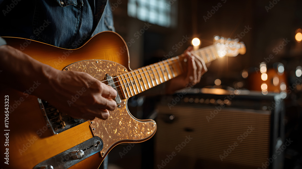 Fototapeta premium Musician passionately plays electric guitar in dimly lit studio, with focus on guitar and amplifier in background, creating warm and creative atmosphere