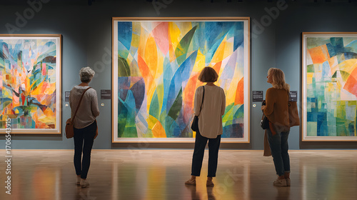 Colorful abstract paintings on display in modern art gallery captivate visitors with their vibrant geometric patterns. atmosphere is serene as people admire artwork