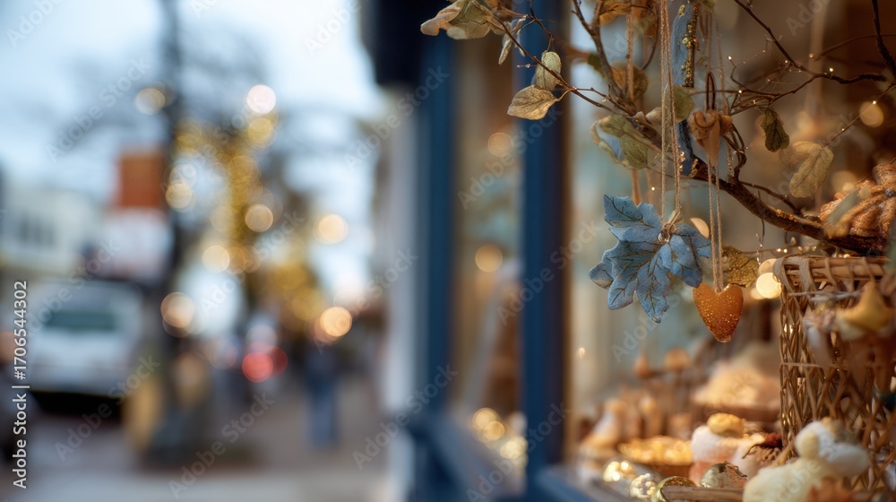 Medium frame capturing a thematic window display with whimsical holiday decorations intricate details in sharp focus contrasted by a gently outoffocus street scene behind.