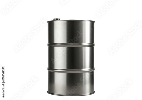 Isolated steel barrel drum or metal tank, industrial container for liquid storage or transportation