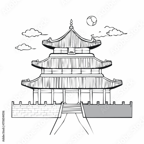 Forbidden City clear vision simple black line art on white background