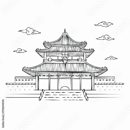 Forbidden City clear vision simple black line art on white background