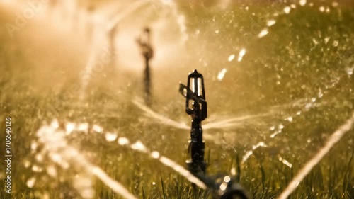 Sprinklers watering a green field, agriculture irrigation system, water conservation, environment. Agriculture field irrigation in golden light.