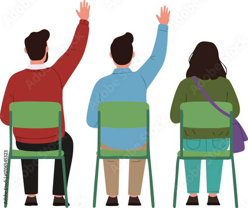 Three people sitting on chairs raising hands in casual clothing vector illustration