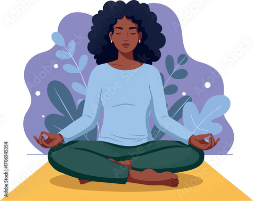 Woman meditating in lotus pose with closed eyes and curly hair on yellow mat with purple nature background vector illustration
