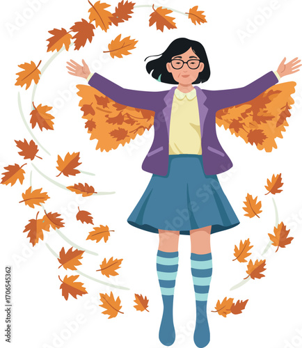 Woman enjoying autumn leaves swirling around in seasonal fall nature outdoor scene with casual clothing and glasses vector illustration