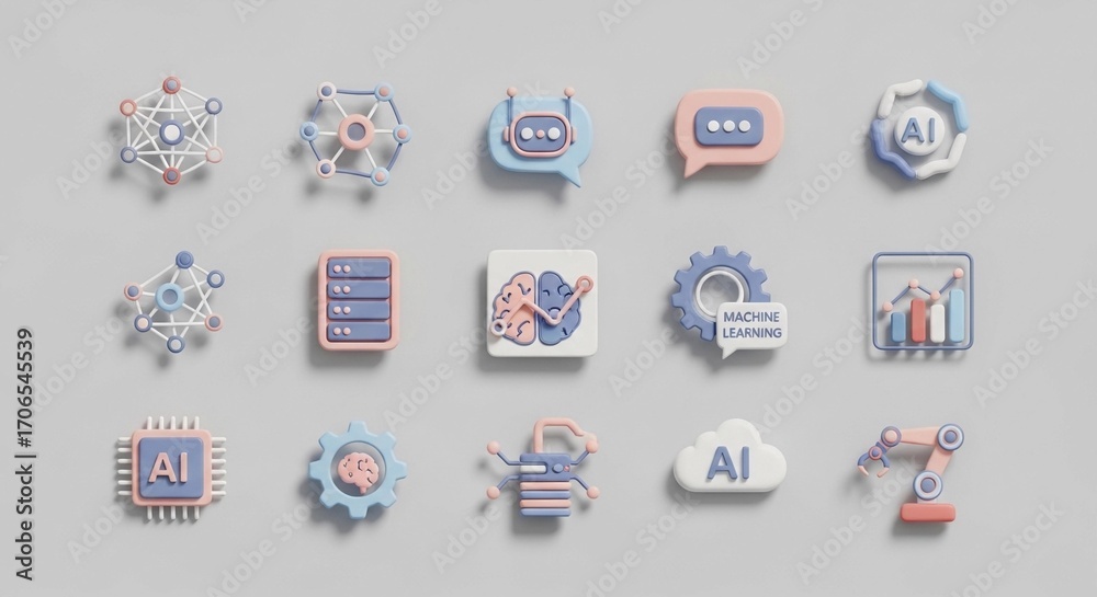 Obraz premium AI Icons Machine Learning, Data Analytics & Chatbot Design