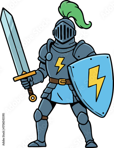 Knight warrior in blue armor holding sword and shield with lightning symbol cartoon vector illustration