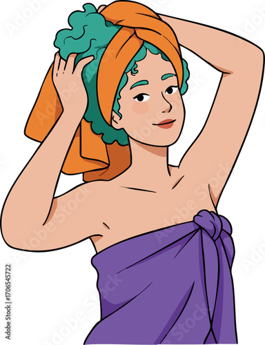 Woman with green curly hair wrapped in purple towel adjusting orange towel on head after bath vector illustration
