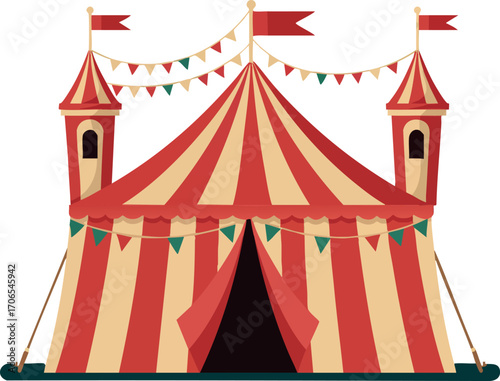 Circus tent with red and beige stripes and flags on poles festive carnival event vector illustration