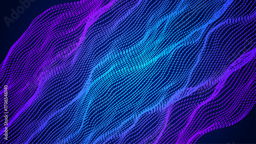 Abstract Wave Pattern With Dot. Blue And Purple Big Data Background For Ai Concept. Tech Sound Design.  Colorful Fluid Form With 5g Motion And Internet Connection. Wavy Dots Noise Bg.