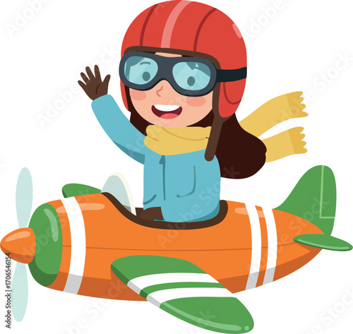 Child wearing red helmet flying orange and green toy airplane with yellow scarf cheerful and adventurous